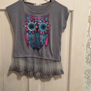 Owl design girls tee shirt with lace
